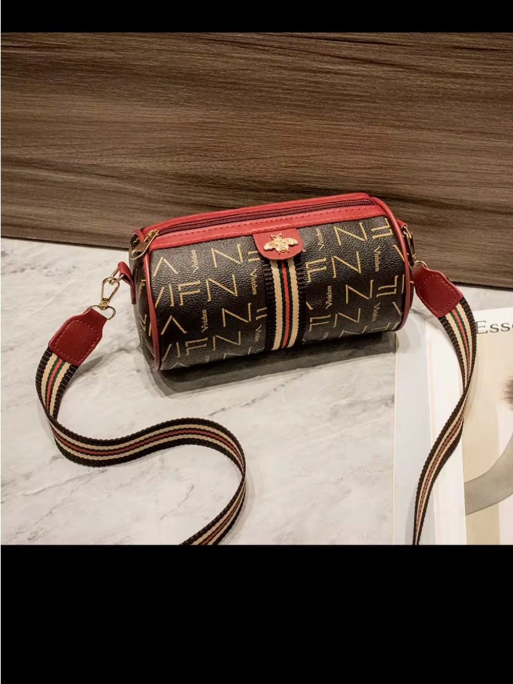 Monogram Bee Accent Barrel Crossbody Bag - Red /Brown NIP - Picture 3 of 10